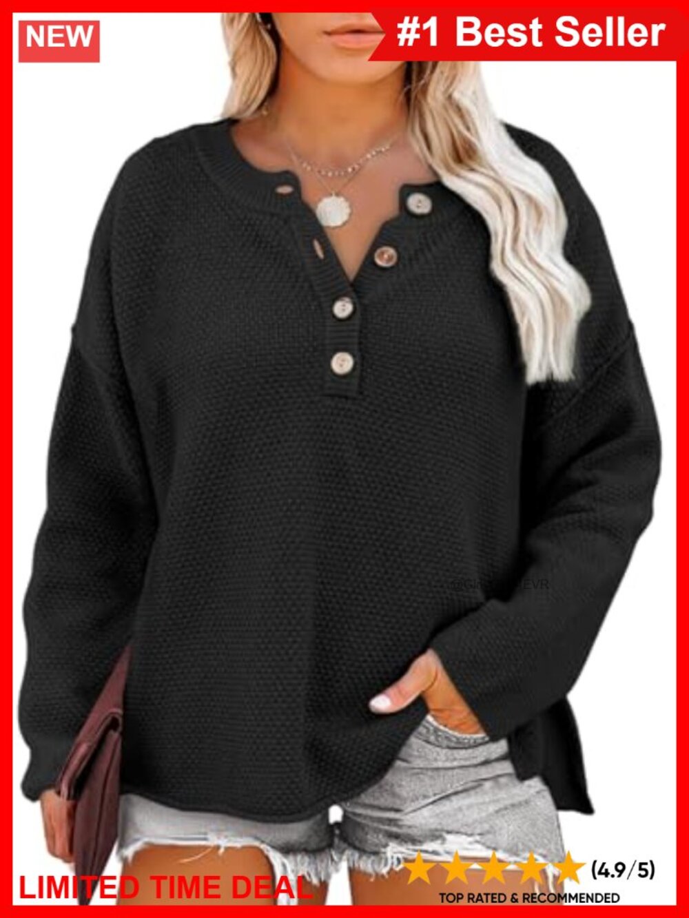 Plus Size V Neck Button Henley Sweater Loose Knit Pullover Top